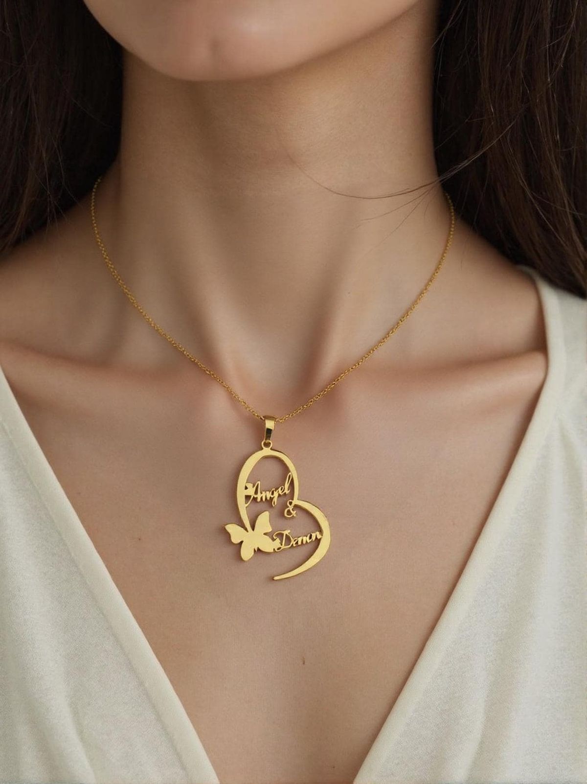 Custom Name Necklace | Heart & Butterfly Pendant | Personalized Double Name Necklace | Emotional Gift | Anniversary, Birthday, Couple Gift