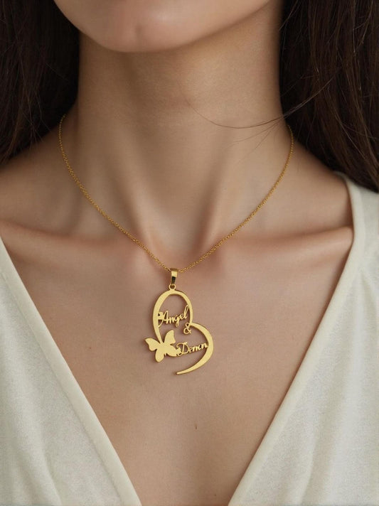 Custom Name Necklace | Heart & Butterfly Pendant | Personalized Double Name Necklace | Emotional Gift | Anniversary, Birthday, Couple Gift