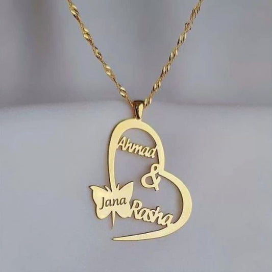 Custom Name Necklace | Heart & Butterfly Pendant | Personalized Double Name Necklace | Emotional Gift | Anniversary, Birthday, Couple Gift