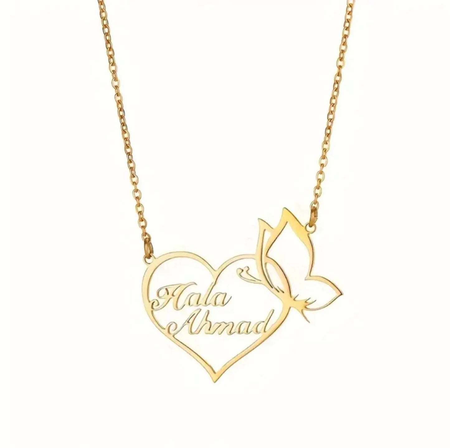 Personalized / Custom 2 Names Necklace | Heart & Butterfly Pendant | Gold or Silver | Unique Gift for Her